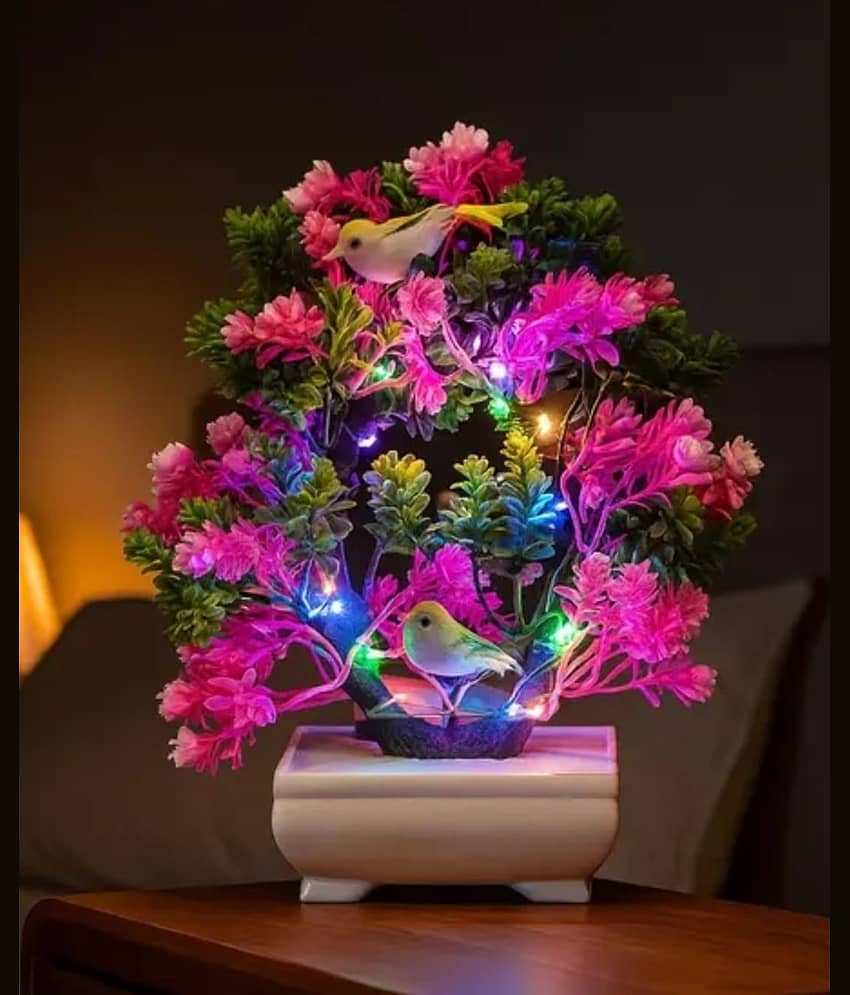 Modo® Charming Pink & Green Artificial Plant With LED Light & Pairs of Cute Sparrow for your Living Room, Dinning Room & Office Table