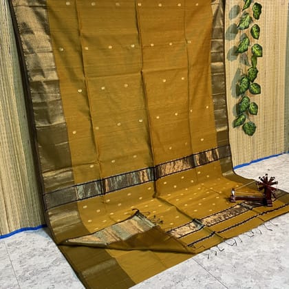 Bright Maheshwari Pure Silk Butta Body Brown Saree