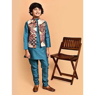 PrintCultr Boys Festive & Party Kurta, Waistcoat and Pyjama Set (Blue) PrintCultr Boys Festive & Party Kurta, Waistcoat and Pyjama Set (Blue)