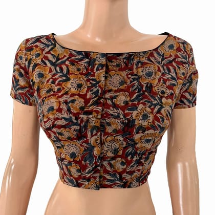 Kalamkari Cotton Boat Neck Blouse with Short Sleeves ,Multicolor, BK1311-S