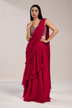 GUNMETAL FUCHSIA BLOUSE WITH RUFFLE SAREE-XS