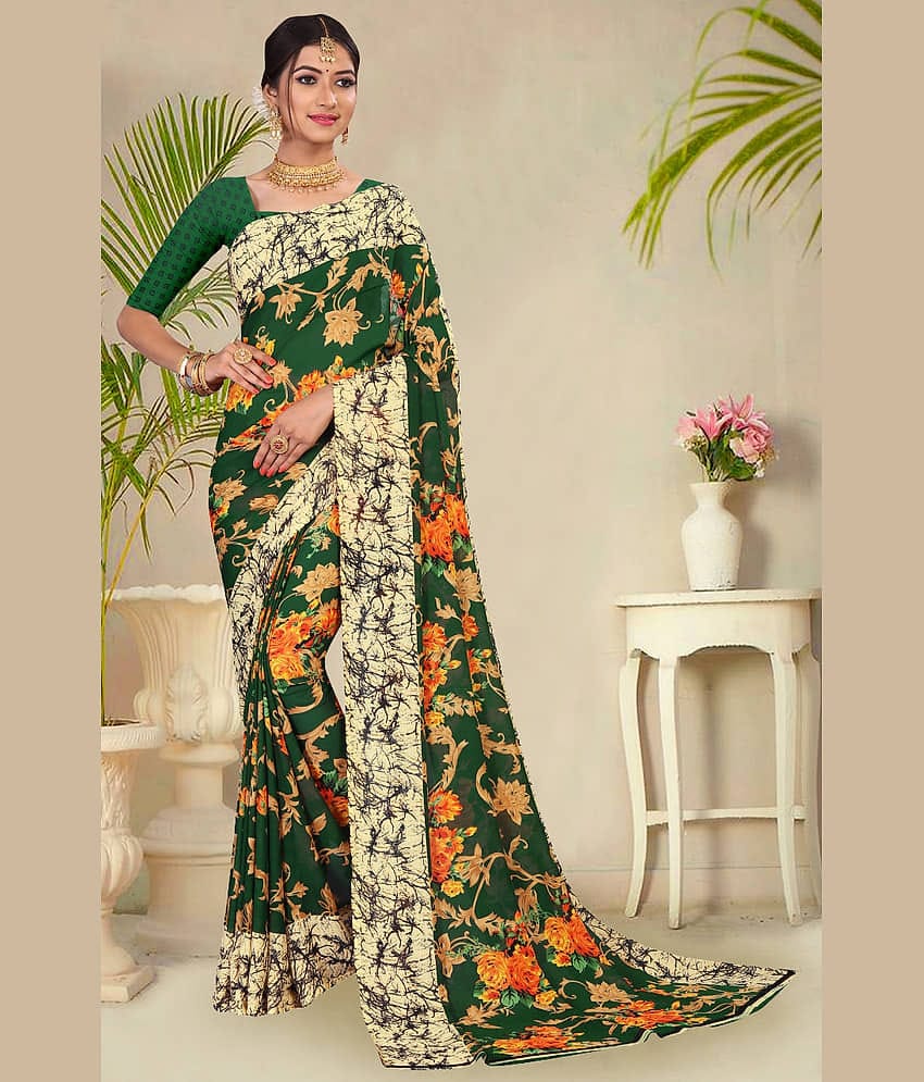 Kanooda Prints Georgette Printed Saree With Unstitched Blouse Piece ( Multicolor )