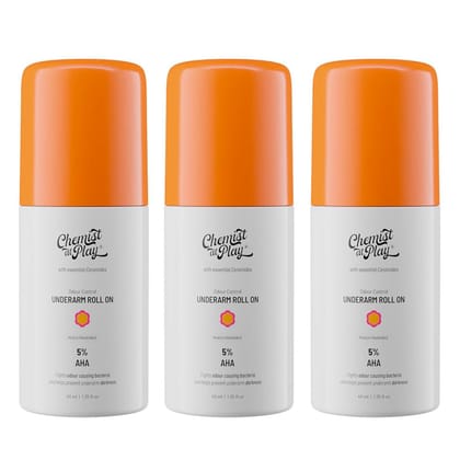 Chemist At Play UnderArm Roll On Deodorant with 5% AHA, Lactic Acid & 1% Mandelic Acid | Prevents Body Odour & Fades Pigmentation | 0% Aluminium & 0% Alcohol | Peach Fragrance | 40ml - Pack of 3 Chemist At Play UnderArm Roll On Deodorant with 5% AHA, Lac