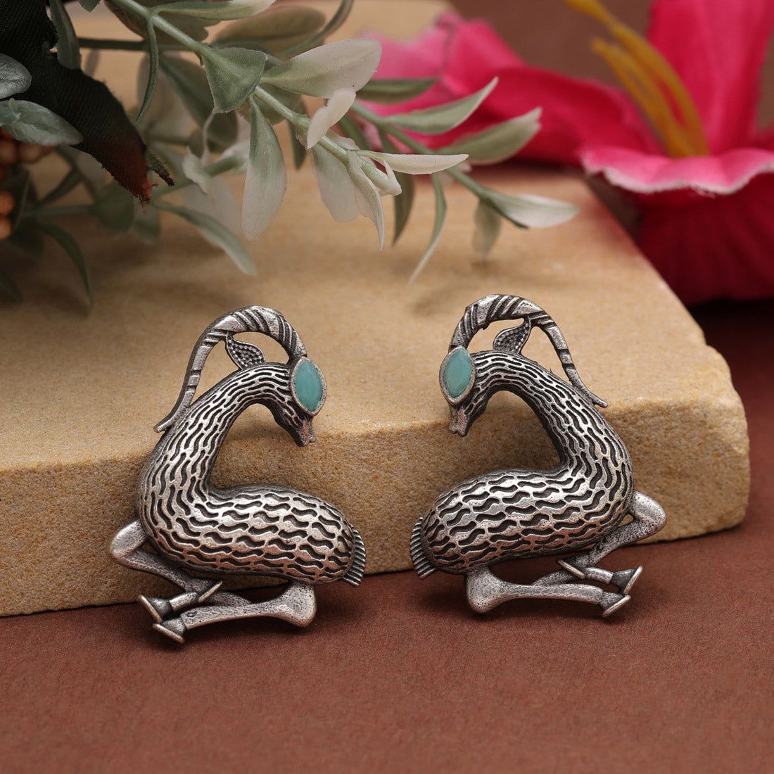 Sky Blue Color Oxidised Earrings-Earring Length: 3.50 CM x Width: 2.50 CM / Blue / Brass With Good Quality Silver Plated