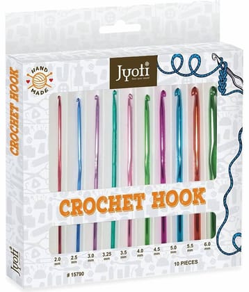 Jyoti Crochet Hook Aluminium for Wool Work, Hand Knitted Sewing DIY Craft Weaving Needle, Ideal for Sweaters, Purses, Scarves, and Booties, 15790 (Colored, 6"/15cm of Size Assorted)