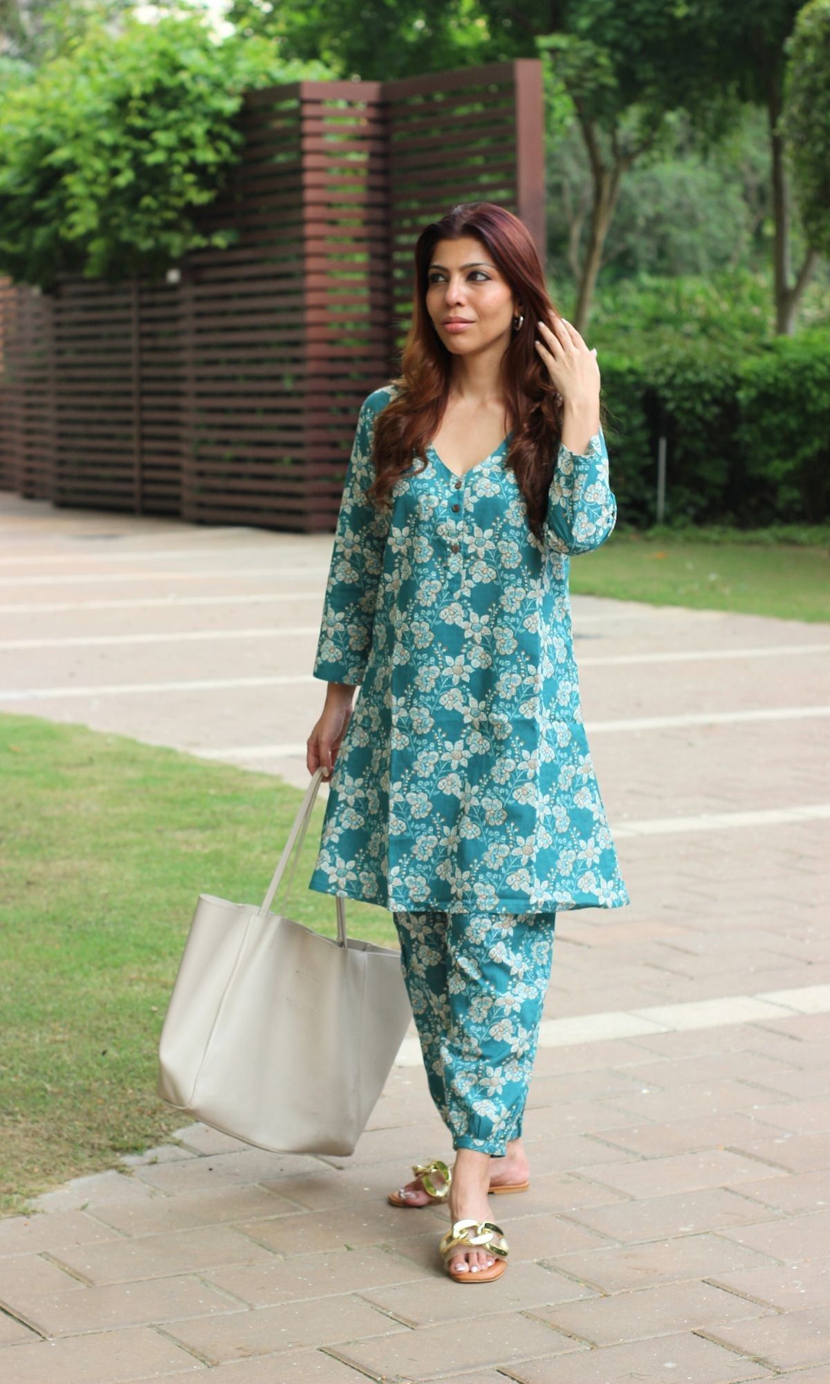 Cotton Sea Green Printed A-line Kurta with Pathani Pants-XXS