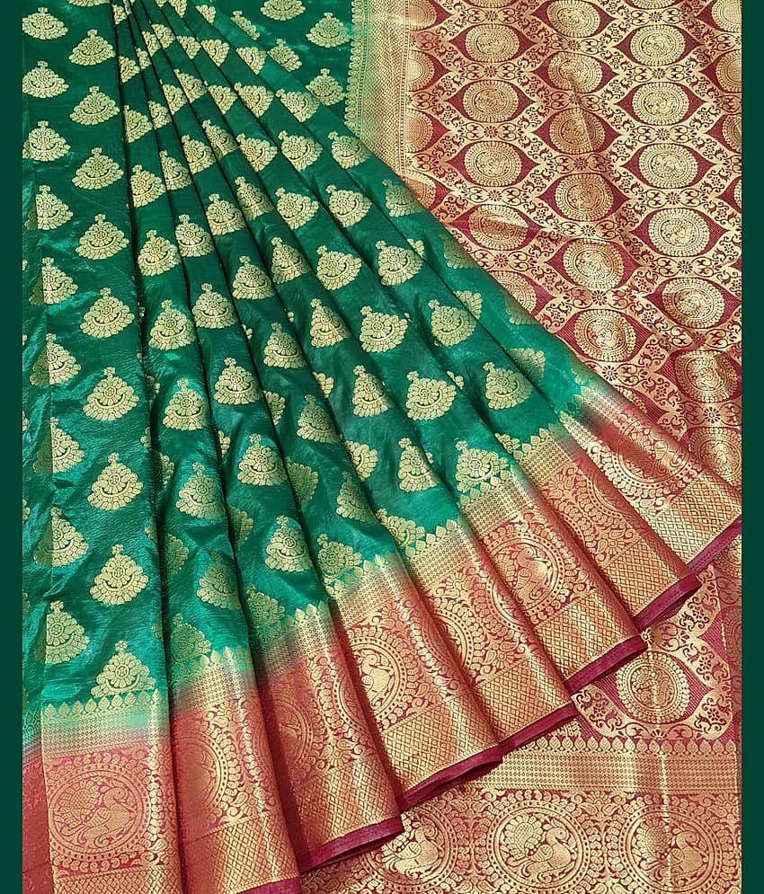 fab woven Silk Blend Self Design Saree With Unstitched Blouse Piece ( Green )