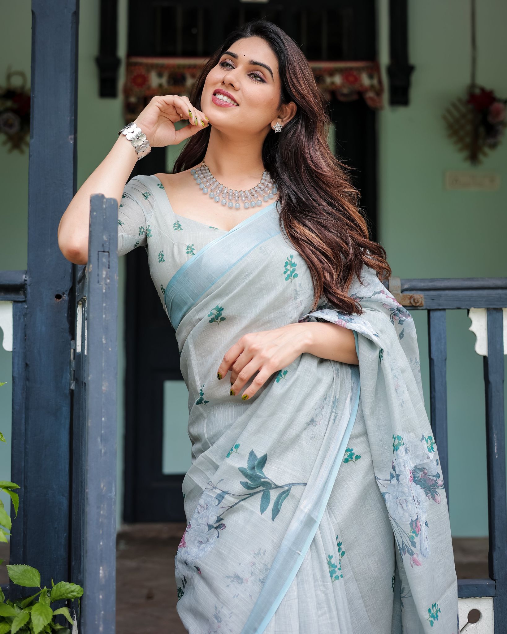 Pastel Grey Pure Cotton Linen Saree with Floral Print, Blouse, and Tassel Detailing-Regular