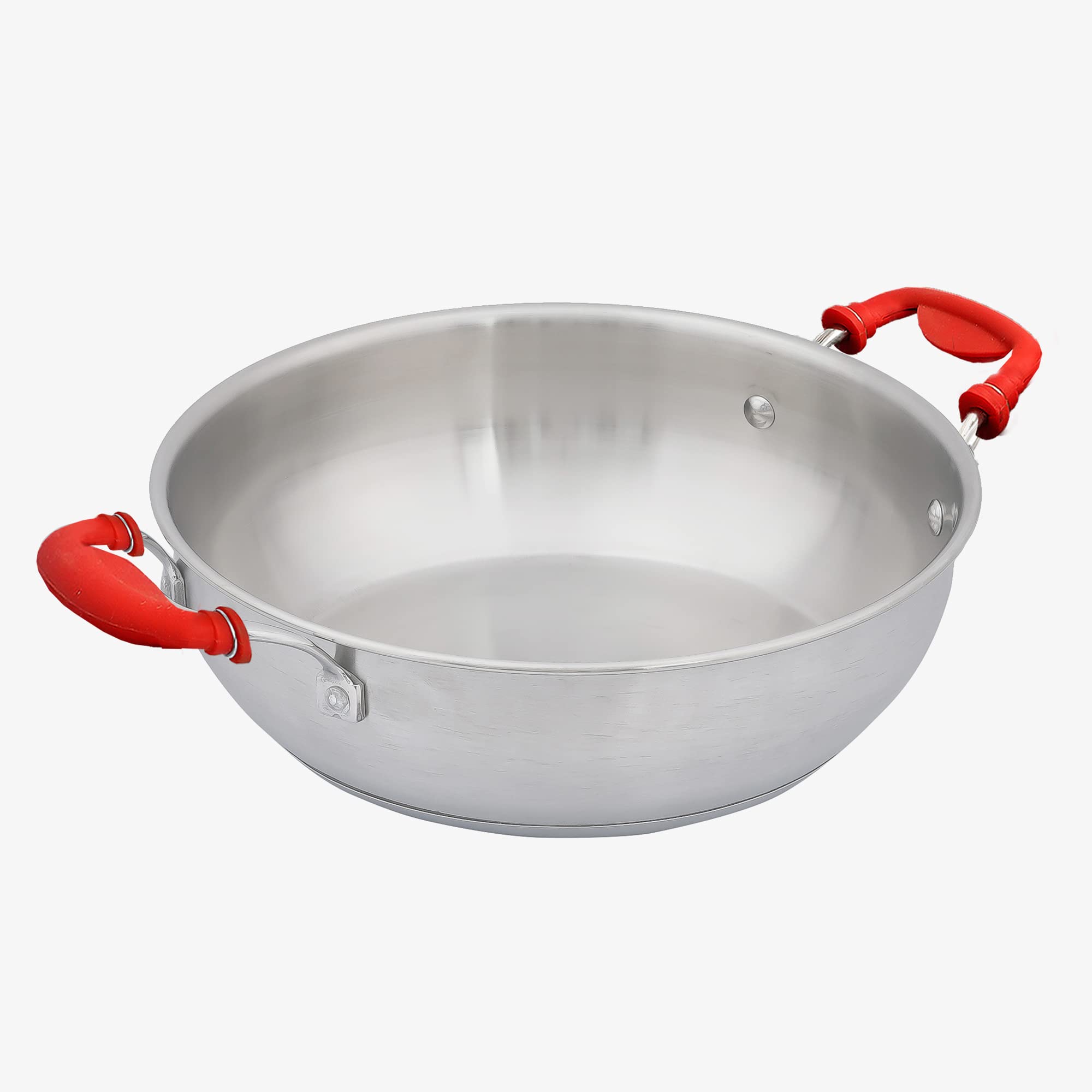 Femora Stainless Steel Flat Kadhai with Silicone Handle, Bonded Tri-Ply Bottom, 26 cm,Silver, Zero Coating, Health Safe