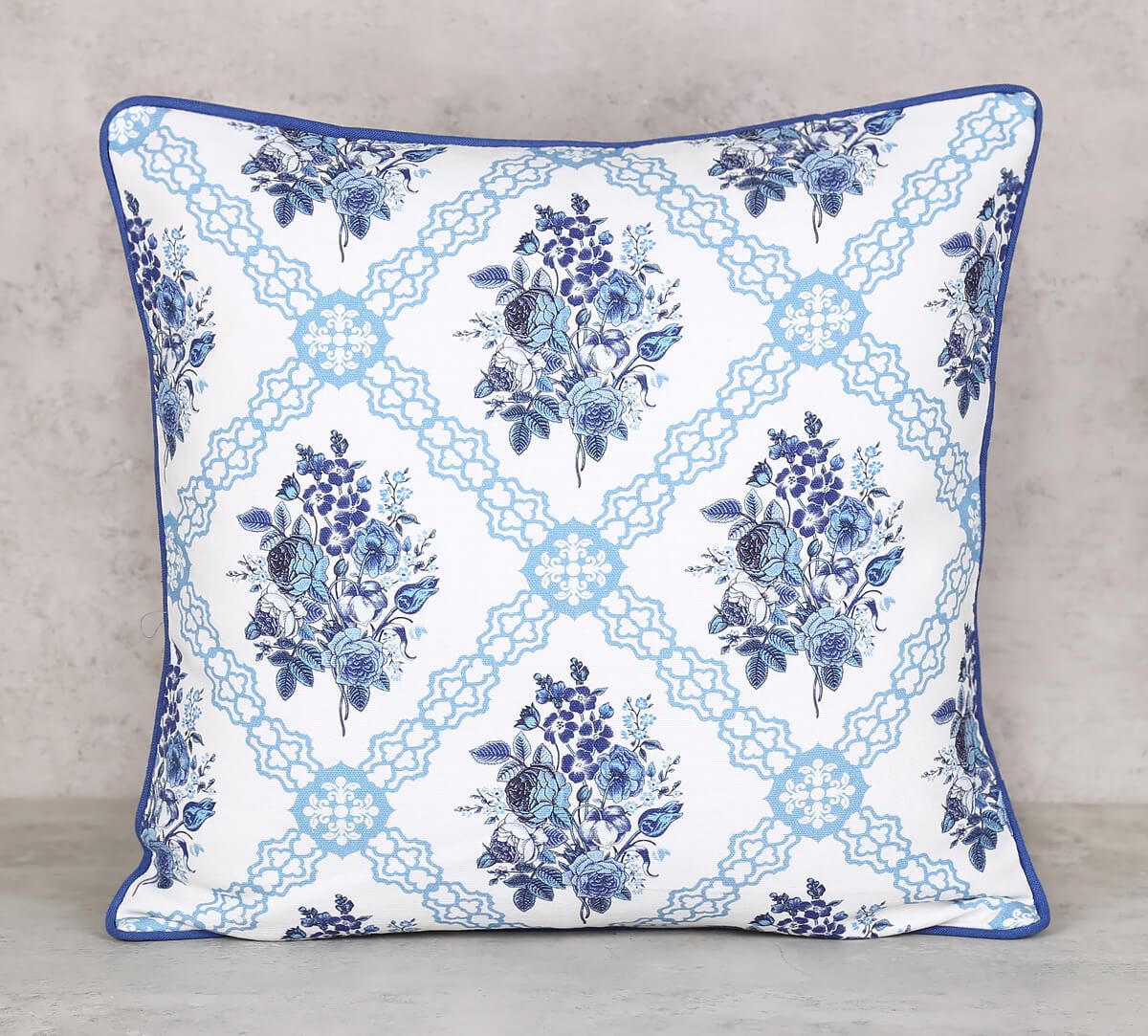 India Circus Cerulean Blooms - Cotton Duck Cushion Cover- 12 X 12 Inch