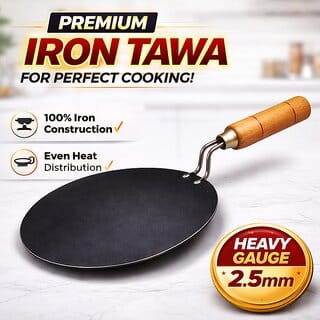 Premium Iron Tawa 10 Inch (25 cm) Heavy Gauge 2.5mm  Non-Stick Coated Roti Tawa with Wooden Handle  Gas  Induction Co