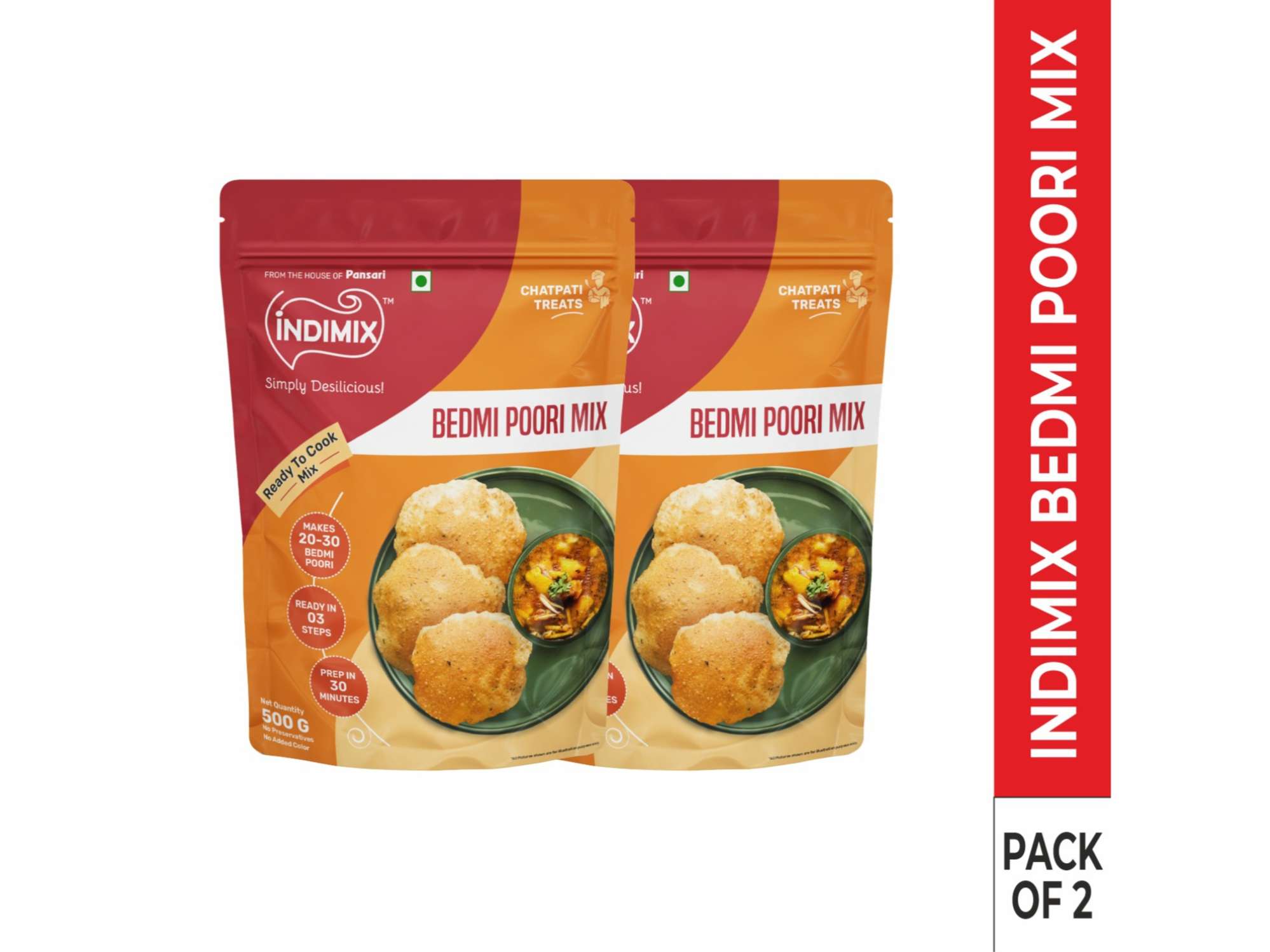 INDIMIX Instant Ready to Cook Bedmi Poori Mix, Ready In 3 Steps, Healthy & Tasty 500g - Pack of 2