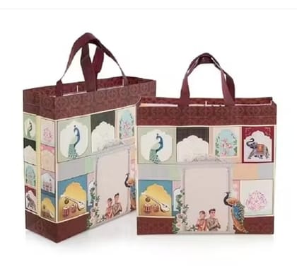 Reusable Non-Woven Laminated Gift Bags, Wedding Gifts, Shagun, Festival Gifting, Saree Mithai Gold, Silver Carry Bag (Wedding Celebration Brown, M-13x12.5x4), Medium Size Pack of 10 Pcs