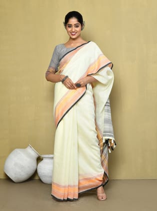 Cream plain Linen  Saree