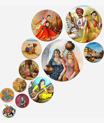 SNDArt Set Of 11 Modern Art Rajasthani Traditional Round Self Adhesive Wall Décor Items Paintings