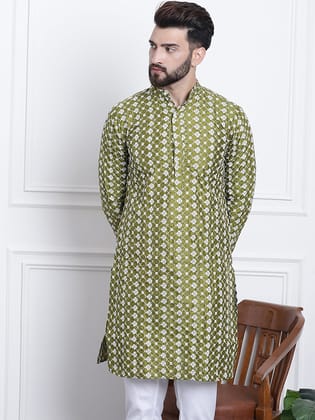 Men's Silk Blend Dark Green Embroidered ONLY Long Kurta-36