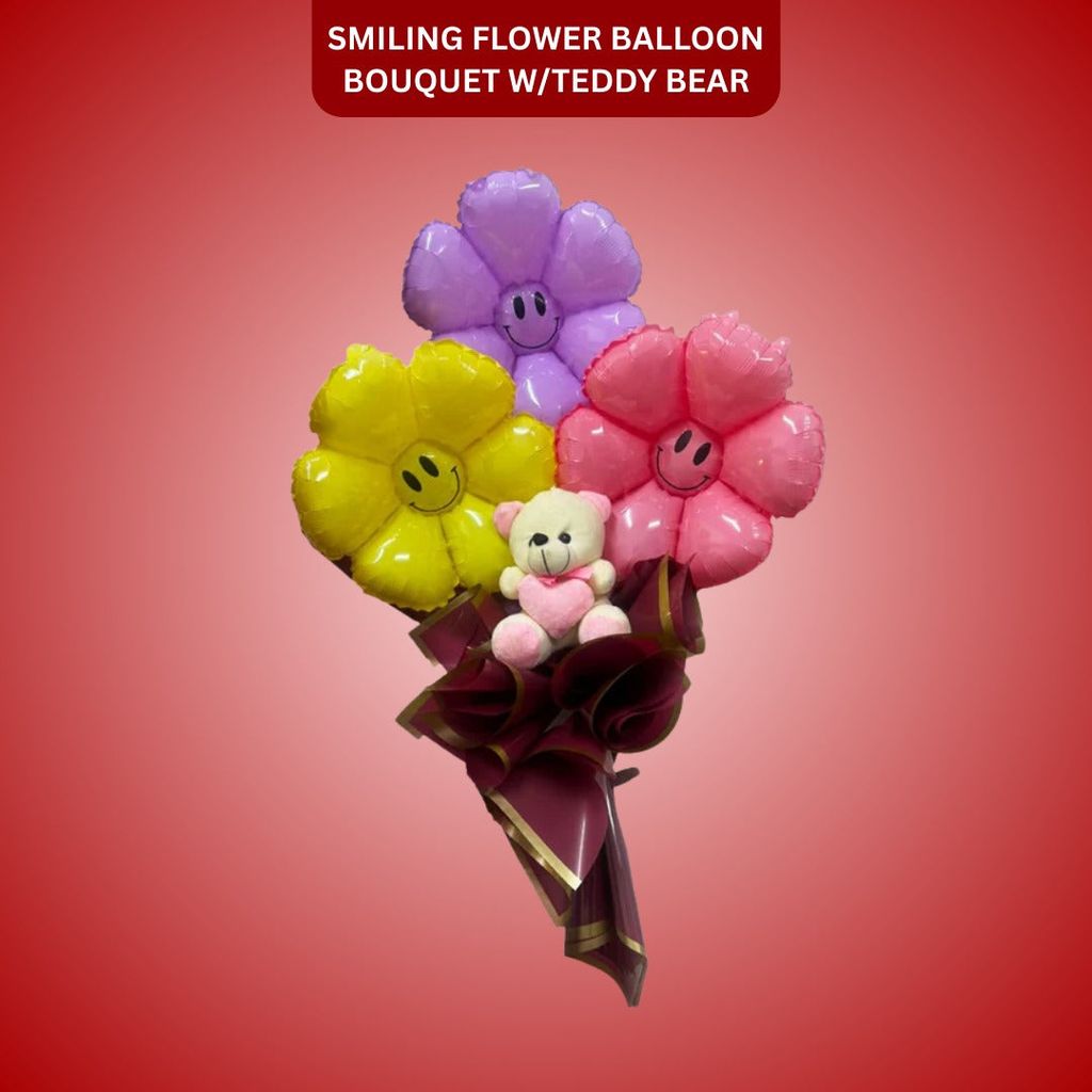 Smiling Flower Foil Balloon Bouquet w/Teddy Bear - 3PC - Flowers | Buy online on ZillyBuy