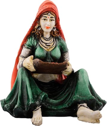eCraftIndia Green & Orange Handcrafted Rajasthani Lady-Shaped Showpiece