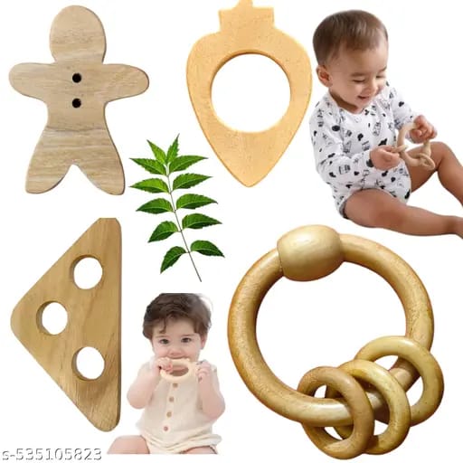 Natural Neem Wood Rattles with Neem Wood Teether Set Small in size for tiny baby 3-12 months ( set of 4 pcs)