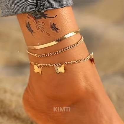 3Layer Gold Butterfly Charm Chain Anklet Set