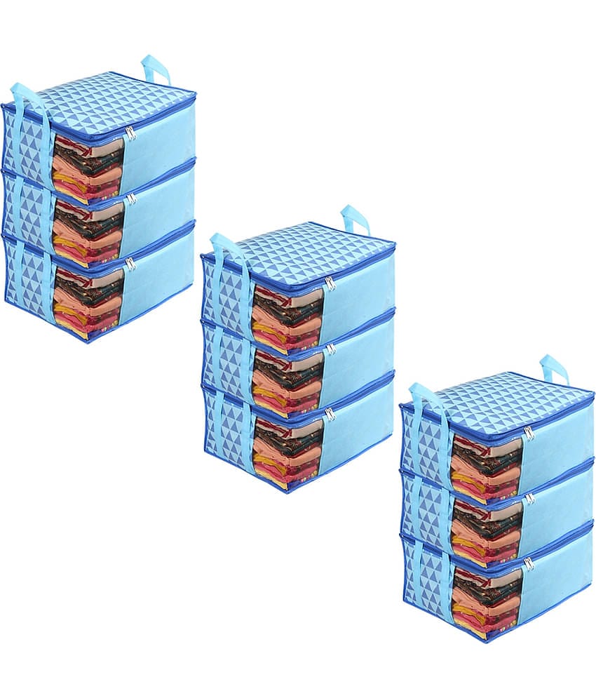 PrettyKrafts Non Woven Saree Cover Storage Bags Premium Quality Saree Organizer for Wardrobe/Cloth Organizer Pack of 9 -Trio Blue