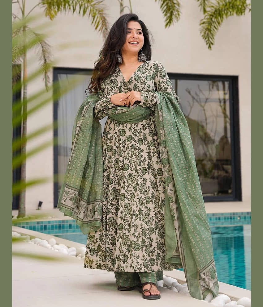 kedar fab Women Rayon Printed Anarkali Kurti With Palazzo ( Beige )
