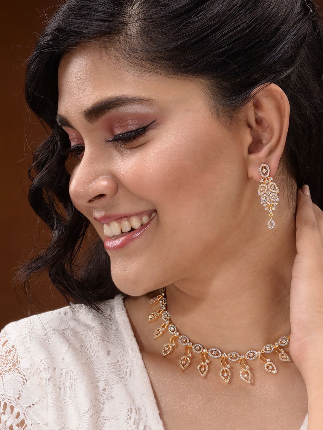 Gold Played AD Studded Statement Floral Jewellery Set