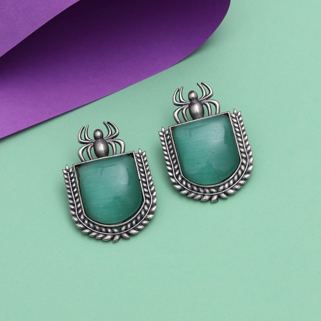 Light Green Color Monalisa Stone Oxidised Earrings-Earring Length: 4.50 CM x Width: 3.00 CM / Green / Brass With Good Quality Silver Plated