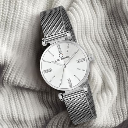 Carlington Elite Ladies Self Adjustable Mesh Strap Water Resistant Analog Watch - For Women CT2011-Silver