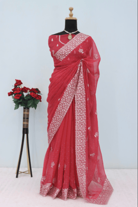 Women's  New Latest Bollywood Fancy Party Wear Premium Shimmer embroidery and  Swaroski  Work with Fancy cut work border Saree With Blouse