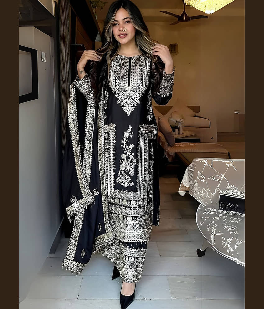 kedar fab Women Art Silk Embroidered Straight Kurti With Pants ( Black )