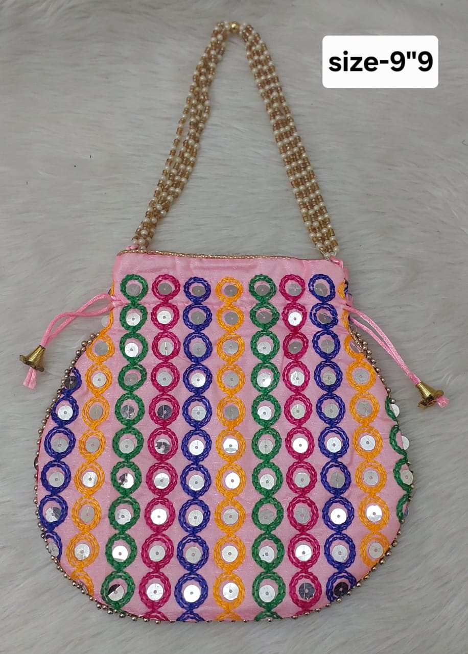 Pink Hand Embroidered Potli Bag with Pearl Handle