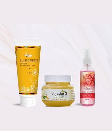 Alna Sunscreen Lotion SPF 30+ 75ml with Alnalite-G Aloe Gel 100gm & Rose Water 100ml , Pack of 3