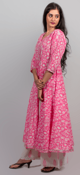 Rekha fashion_Cotton fashionable front slit pink printed kurti set with plazo