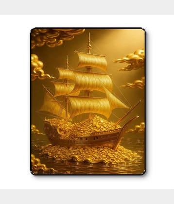 Livin'luxe Golden Wealth Ship Money Wall Art Black Frame Sparkle Laminated Painting for Vastu Decor Zone