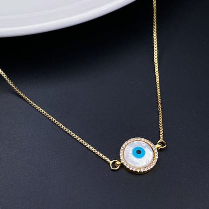 Round Turkish Evil Eye American Diamond Silver Necklace Pendant Chain-Silver