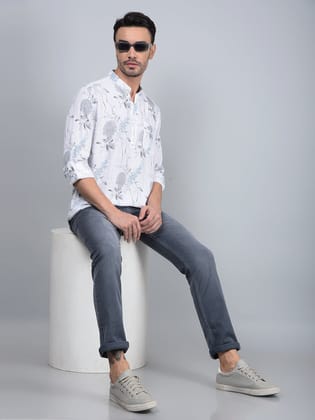 White Floral Print Linen Kurta-M / White