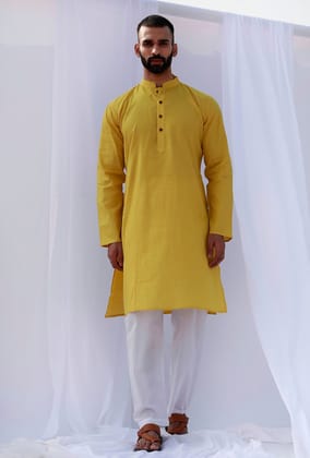 Set Of 2: Tuscan Yellow Self Weave Cotton Kurta Pyjama Set-36