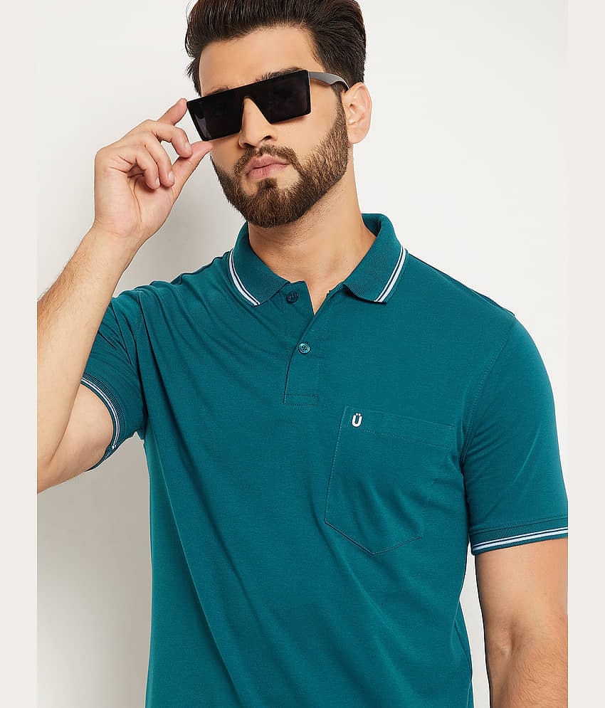 UNIBERRY Pack of 1 Cotton Blend Regular Fit Solid Half Sleeves Men's Polo T Shirt ( Teal Blue )