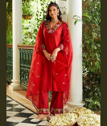 Royal Export Pack of 1 Chanderi Embroidered Straight Women's Kurti with Dupatta - ( Red )