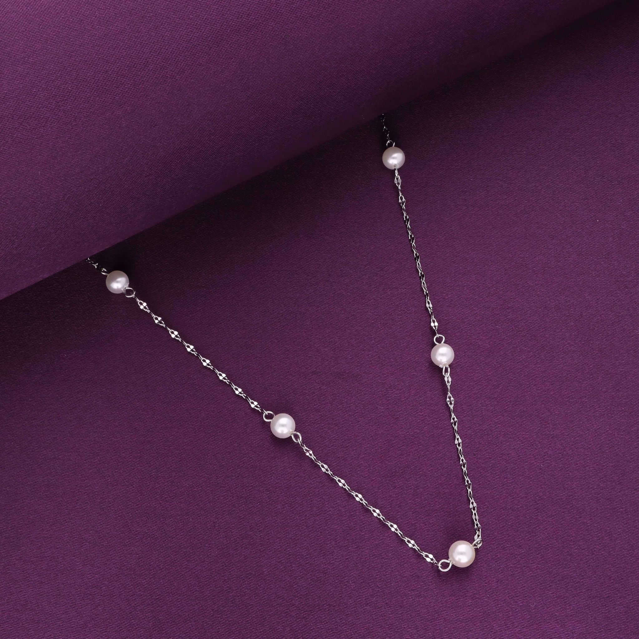Sterling Silver Simple Pearl Link Chain Necklace-Pearl / Silver