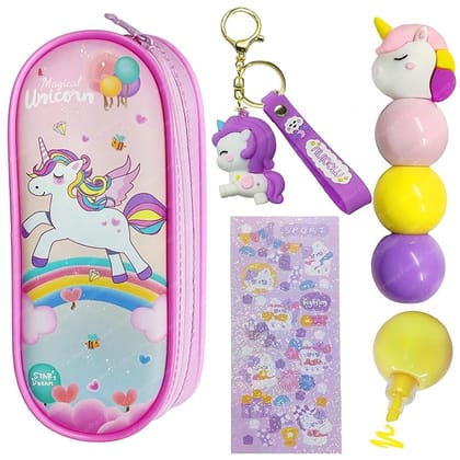 Unicorn Pouches, Unicorn Key Chain, Unicorn Highlighters for Girls – Kawaii Stationary Set for Girls, Aesthetic Stationery Items for School & College Students (Pink)