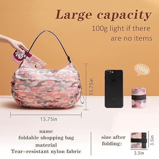 Unisex-Adult Portable Foldable Shopping Bag Large Capacity Multipurpose Storage Bag Sports Travel Shoulder Bag (Pink Camouflage)