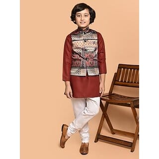 PrintCultr Boys Festive & Party Kurta, Waistcoat and Pyjama Set (Red)
