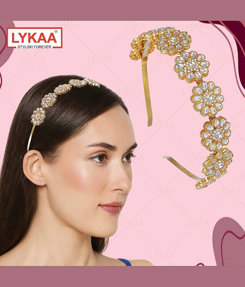 Lykaa Kundan Hairband Floral Design MathaPatti Gold-Plated Hair Band For Women - 1 Pack (Golden)
