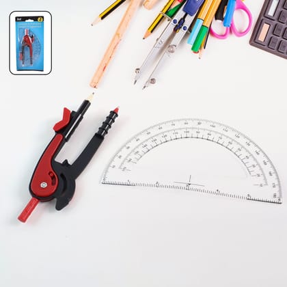 2 Pc Geometry Set – Built-in Pencil Grip + Transparent Plastic Protractor – School Geometry Tools Kit