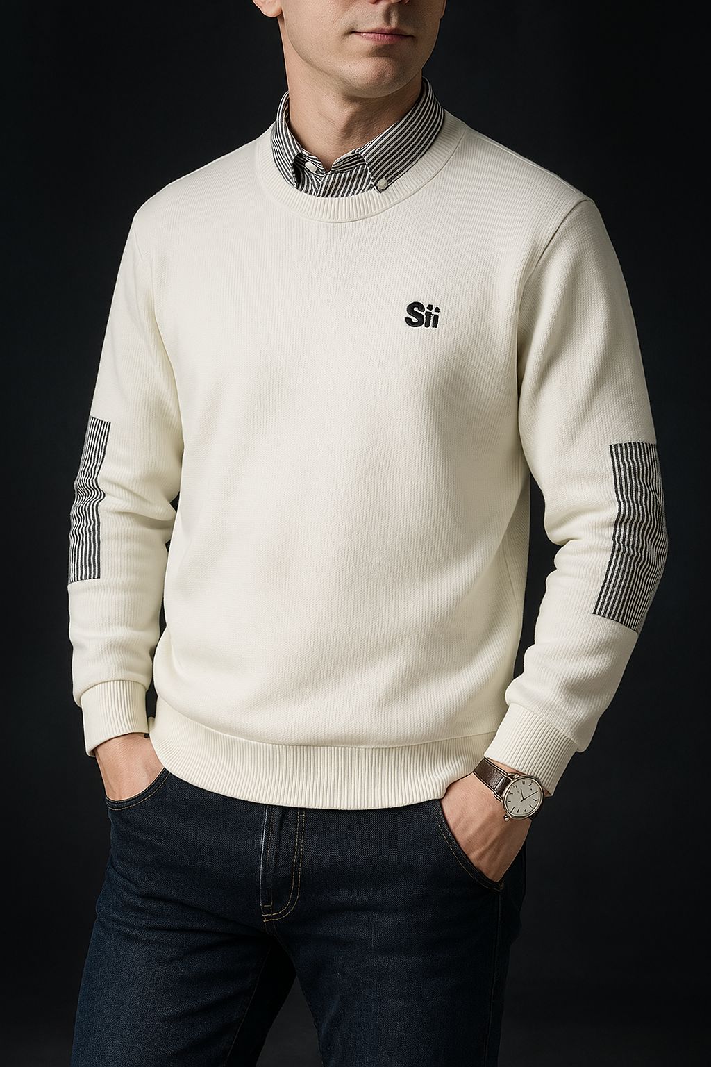 Striped Panel Sweatshirt-M/40 / White