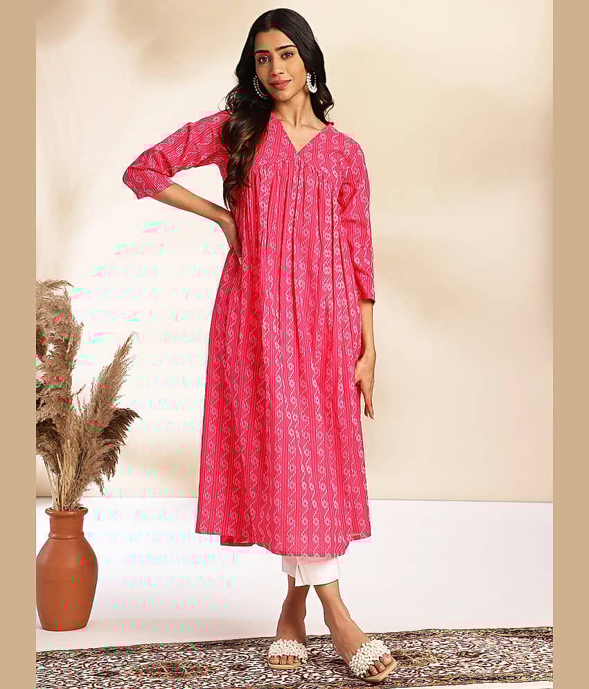 Janasya Cotton Printed A-line Women's Kurti - Pink ( Pack of 1 )