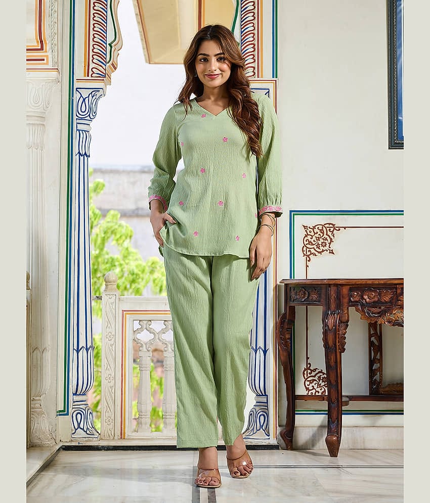 VIBE VISION Women Self Design Shirt With Trousers Co-Ord Set ( Lime Green )