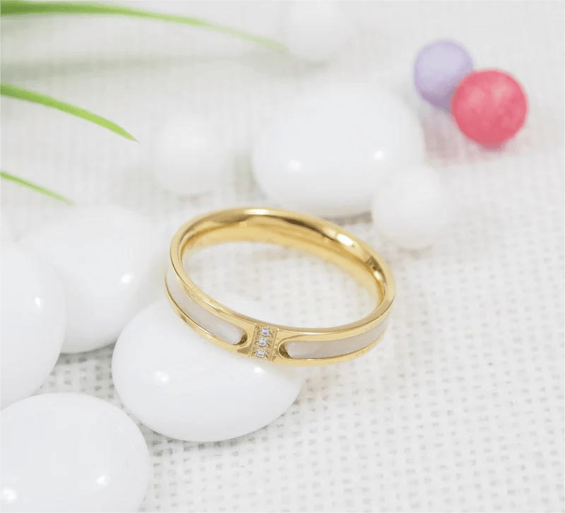 Stainless Steel Gold Plated White Shell CZ F